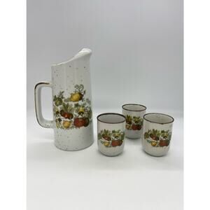 Vintage Pitcher Mushrooms Inarco Japan E-6178 Porcelain with 3 Cups